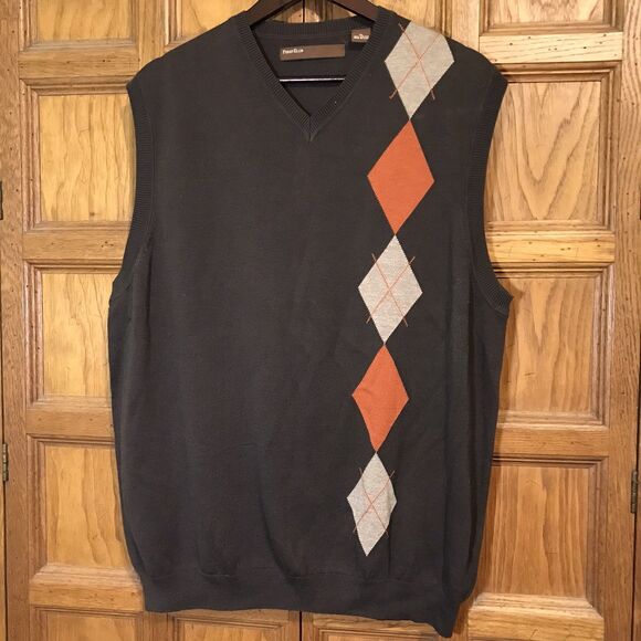Perry Ellis Argyle Sweater Vest Men's XL Brown Diamond Print Preppy Pullover Top - Picture 2 of 8